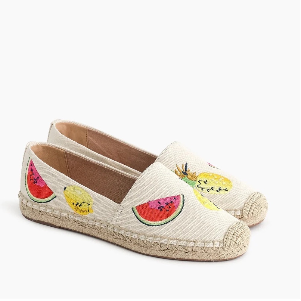 J. Crew EUC Fruit Embroidered Canvas Espadrilles Sz 7 Spring Resort Vacation